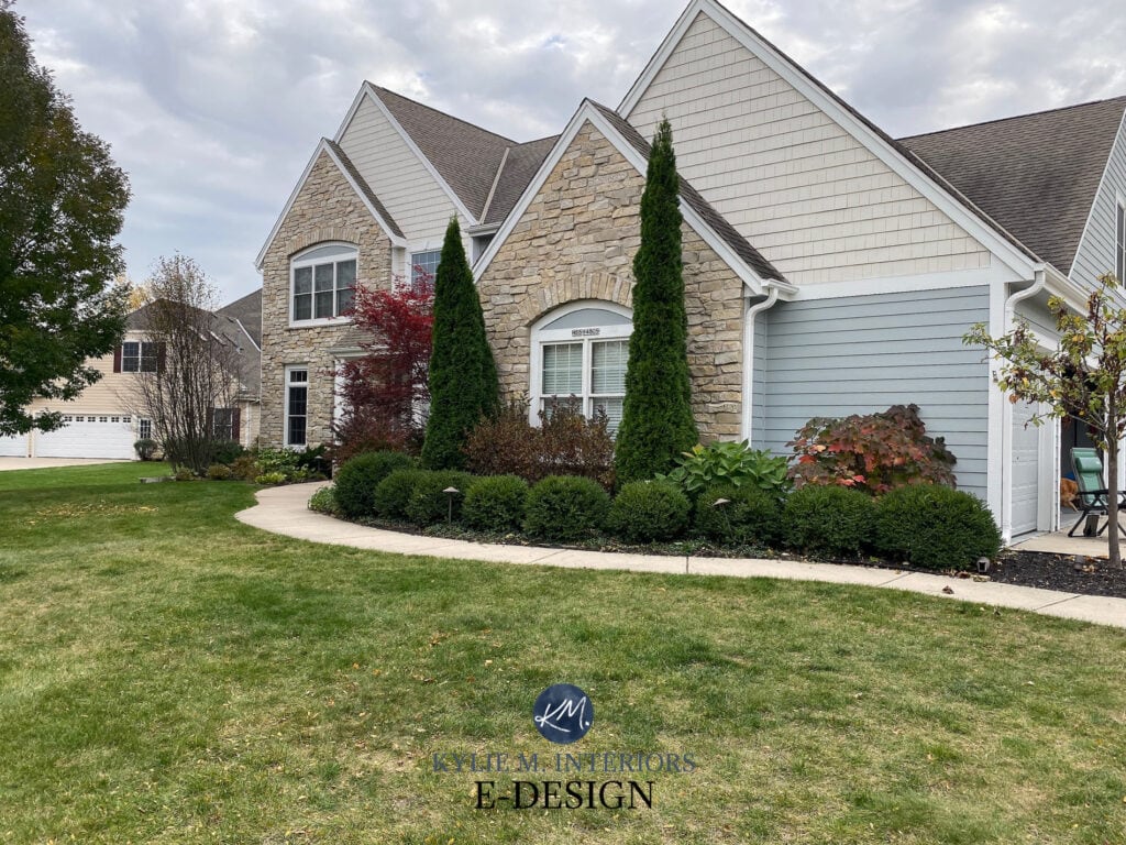 exterior painted, Sherwin Williams Aesthetic white darkened, Mineral Deposit, gray, asphalt roof, stone. Kylie M Edesign
