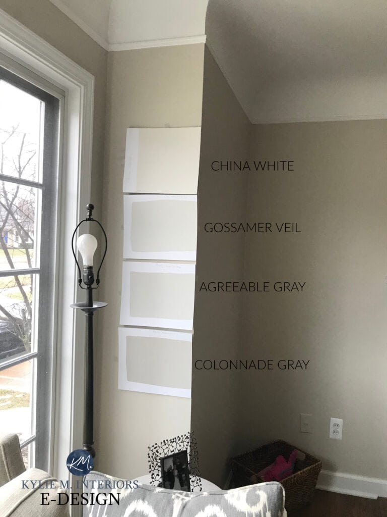 natural light, compare differences of CHINA WHITE, GOSSAMER, AGREEABLE vs COLONNADE Kylie M Edesign