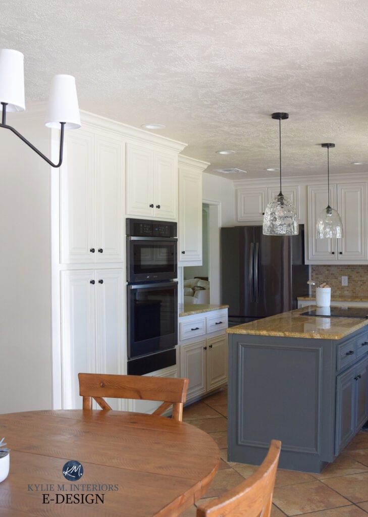 Sherwin Williams Moderate White painted wood cabinets, Ashwood Moss green gray island, orange tile floor, granite, travertine, Kylie M Edesign