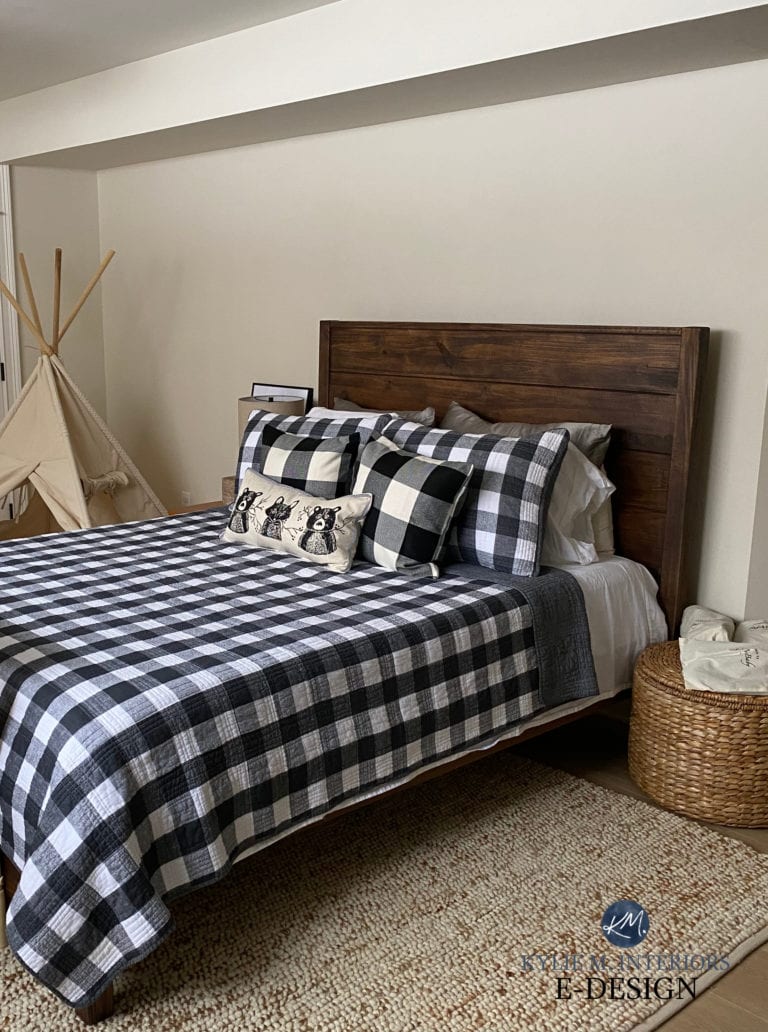 Basement north facing bedroom, beige carpet, Sherwin Williams Moderate White best warm neutral on walls, black and white accents. Kylie M Edesign
