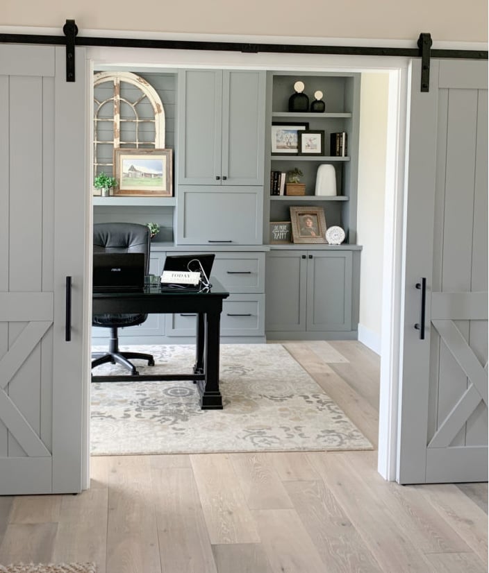 gray or white wash wood flooring trendy, out of style or still popular. Gray built ins home office.