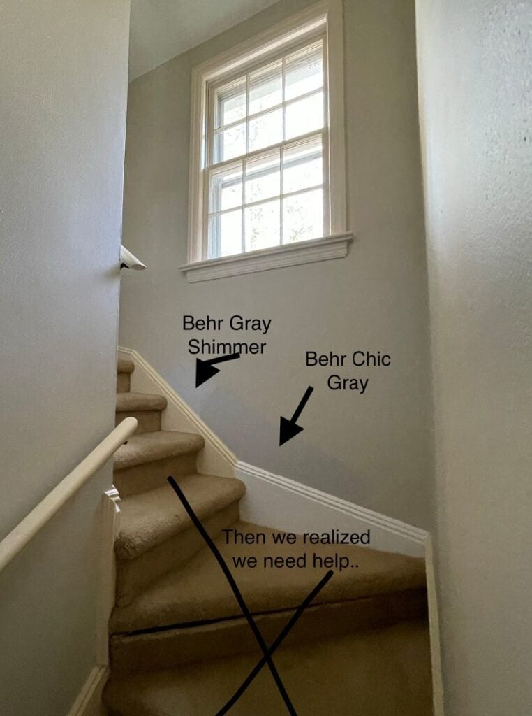 Behr Gray Shimmer and Chic Gray paint samples in staircase