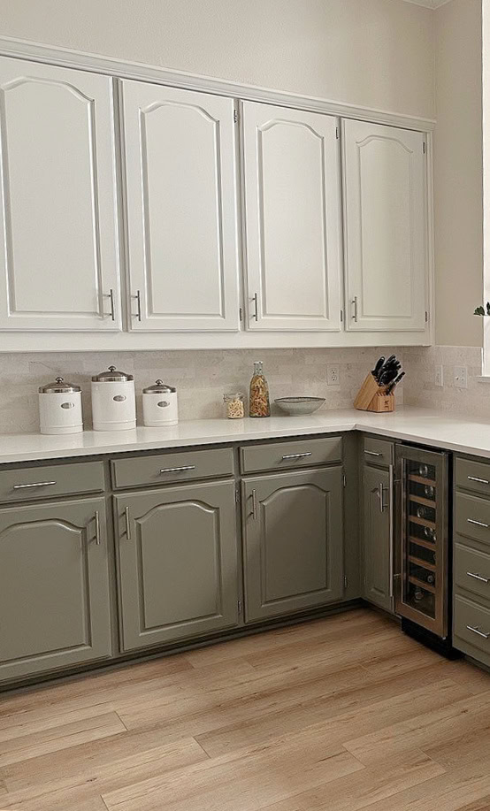 Benjamin Moore White Dove painted maple cabinets, lower kitchen doors Antique Pewter green, white quartz, wood floor. Kylie M Edesign update ideas. Maritime White walls