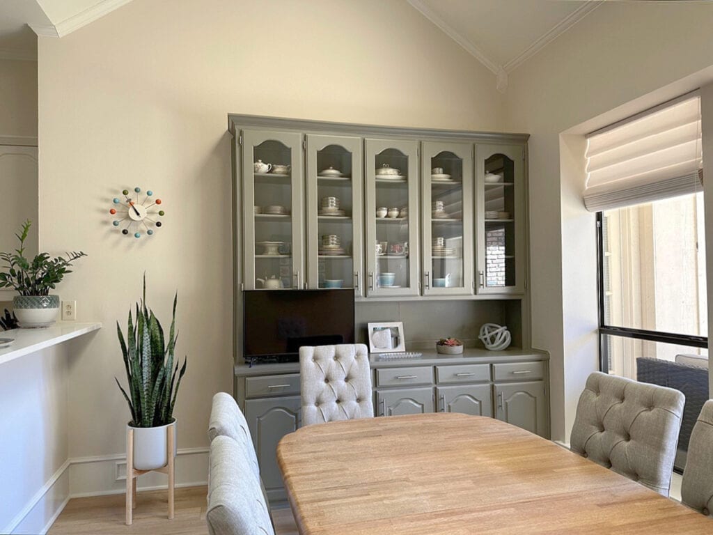 China cabinet buffet and hutch painted green gray, Benjamin Moore Antique PEWTER, walls Maritime White wall paint, White Dove trim