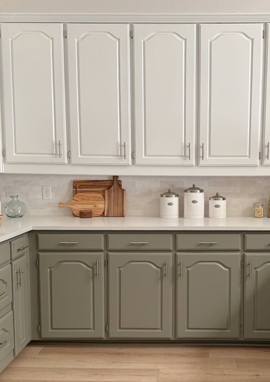 White quartz kitchen, Benjamin White Dove upper cabinets, Antique Pewter green lowers. Maritime White beige walls. Kylie M Edesign update ideas
