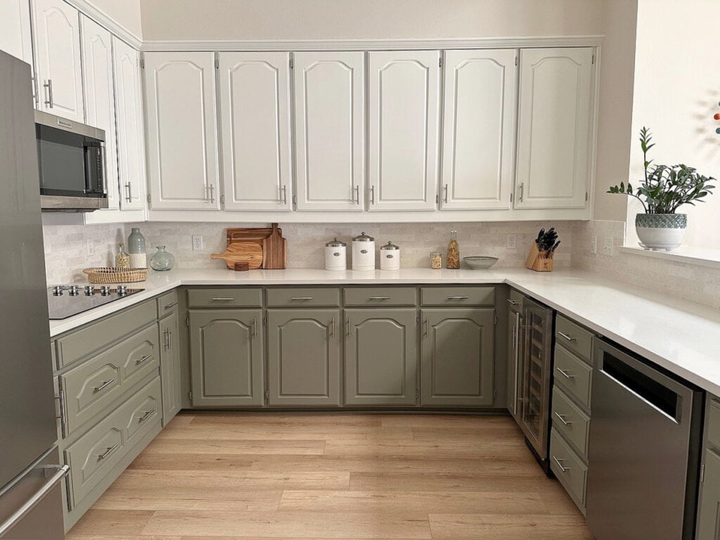 before and after, painted maple kitchen cabinets, 2 color palette, White Dove, Antique Pewter, wood floor, Maritime White walls. White quartz