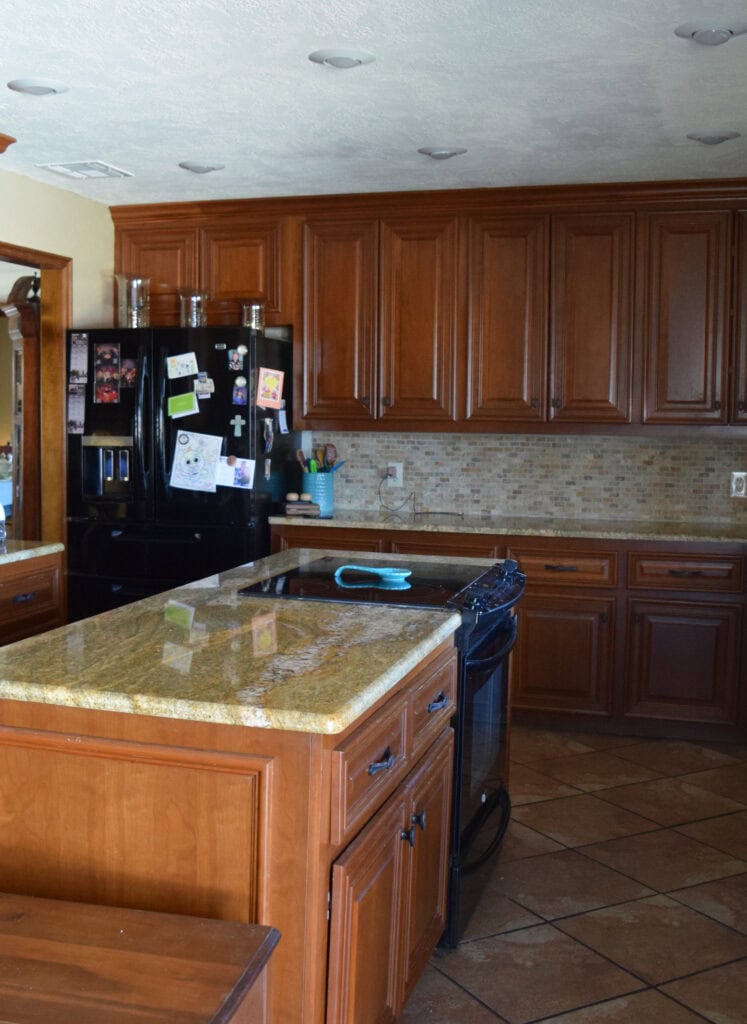 kitchen wood maple cabinets before painting, granite countertop (2)