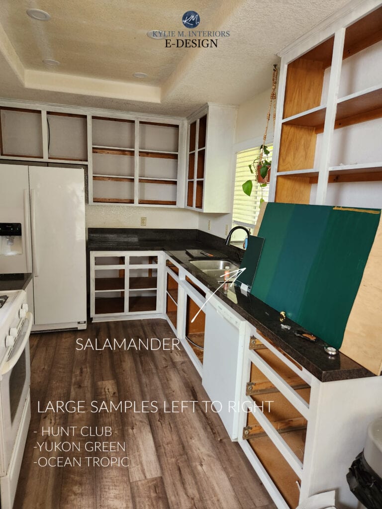 Best dark shades of green paint colors, Benjamin Moore Salamander, Hunt Club, Yukon Green, Ocean Tropic, Kylie M Interiors great for cabinets, accent walls, doors