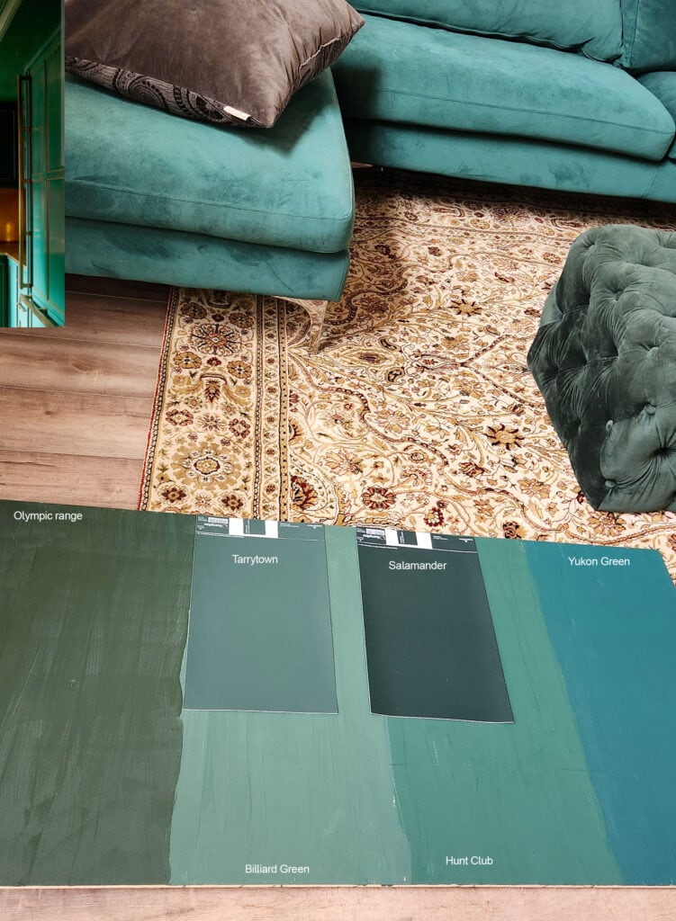 Sherwin Williams Olympic Range, Benjamin Moore Hunt Club, Benjamin Moore Salamander, Tarrytown Green, Hunt Club, Billiar Green, best dark greens for cabinets, Kelly green, emerald green