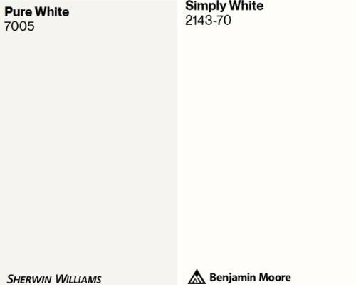 Benjamin Moore Simply White compared to Pure White. Kylie M online paint consulting with peel and stick by Samplize