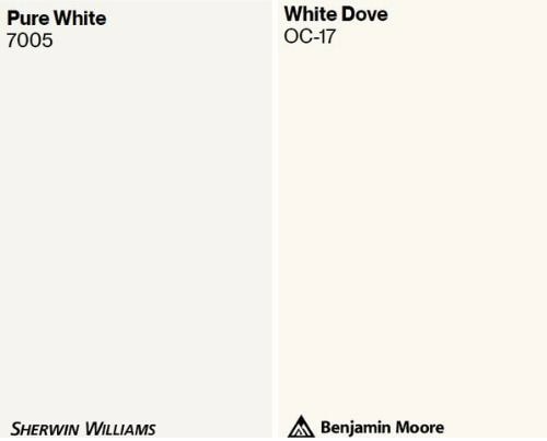 Benjamin Moore White Dove vs Pure Whtie comparison. Kylie M Online paint consulting using Samplize peel and stick