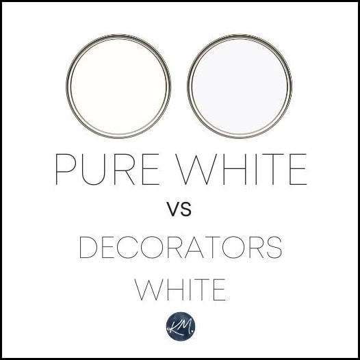 Comparing the differences between Sherwin Williams Pure White and Benjamin Moore Decorators White. Samplize peel and stick and Kylie M Online paint color consulting