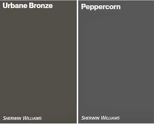 Sherwin Williams Urbane Bronze greige vs gray Peppercorn. Differences and similarities. Kylie M Interiors Online paint color consulting & samplize peel and stick