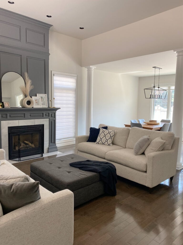 Benjamin moore Charcoal Slate fireplace moulding, City Loft paint on walls, wood floor. Kylie M Online paint color consulting