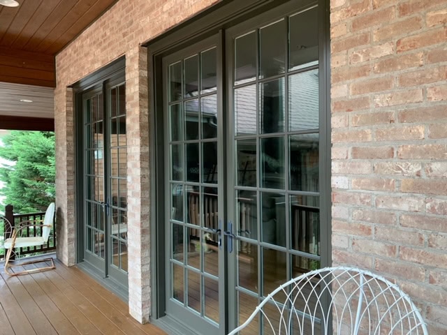 Brick exterior, pink tone, french door