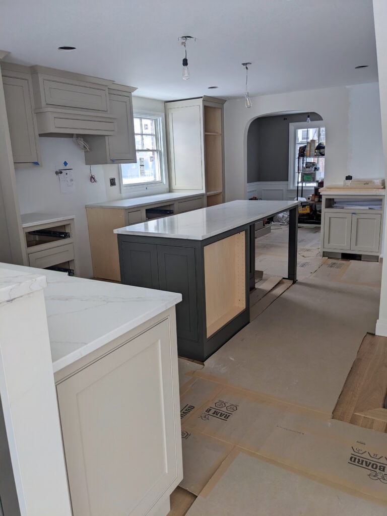 Island Sherwin Urbane Bronze, painted kitchen cabinets best greige, Benjamin Pashmina. Kylie M Interiors Online paint color expert consulting
