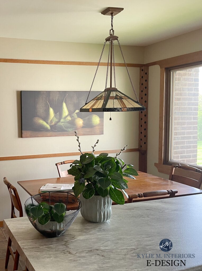 Malabar, Natural Linen ceiling 50 percent lighter, wood trim and cabinet, Sea Pearl countertop laminate, Craftsman light fixture. Kylie M Interiors