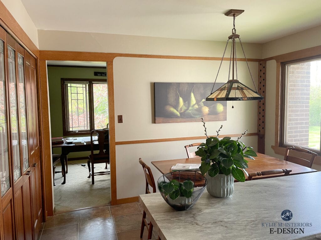 Sea Pearl laminate countertop, Sherwin Williams Malabar, lightened Natural Linen ceiling. Wood trim and cabinets. Kylie M Interiors edesign