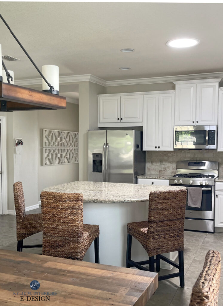 White Dove painted kitchen cabinets, granite countertops, giallo ornamental, venetian gold look. Accessible Beige walls, beige backsplash and floor tile. Kylie M Interiors Edesign