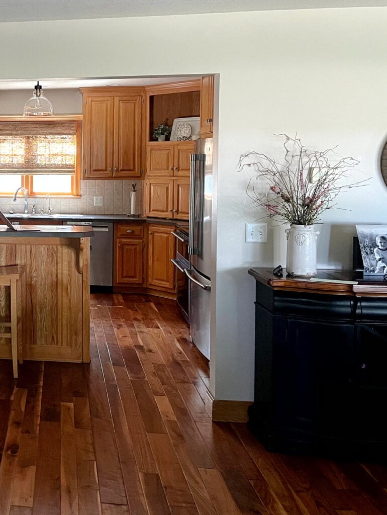 Accessible Beige with golden honey oak cabinets, wood exotic floor, Kylie M Online Paint Color consulting and update ideas