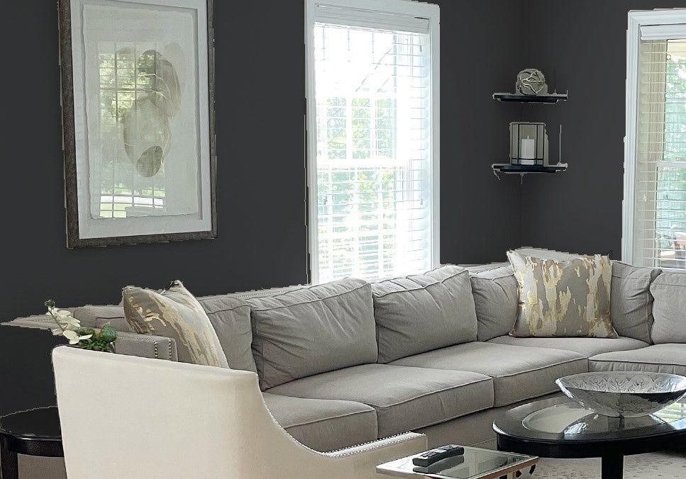 BEHR CRACKED PEPPER IN LIVING ROOM WITH SECTIONAL, KYLIE M & BEHR VISUALIZER