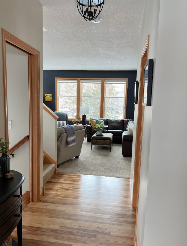 Benjamin MOore Hale Navy blue accent wall with orange wood trim, floors and beige carpet