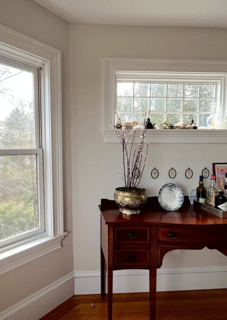 Benjamin Moore Seapearl off white paint color red stain antique furniture and wood floor.