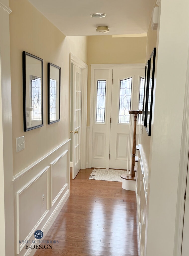 Benjamin Moore Standish White with red oak wood floor, cream trim.