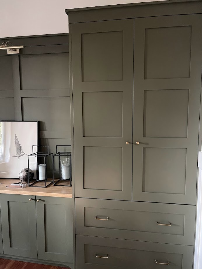 Dark green painted cabinets in office similar to Sherwin Williams Thunder Gray (1)