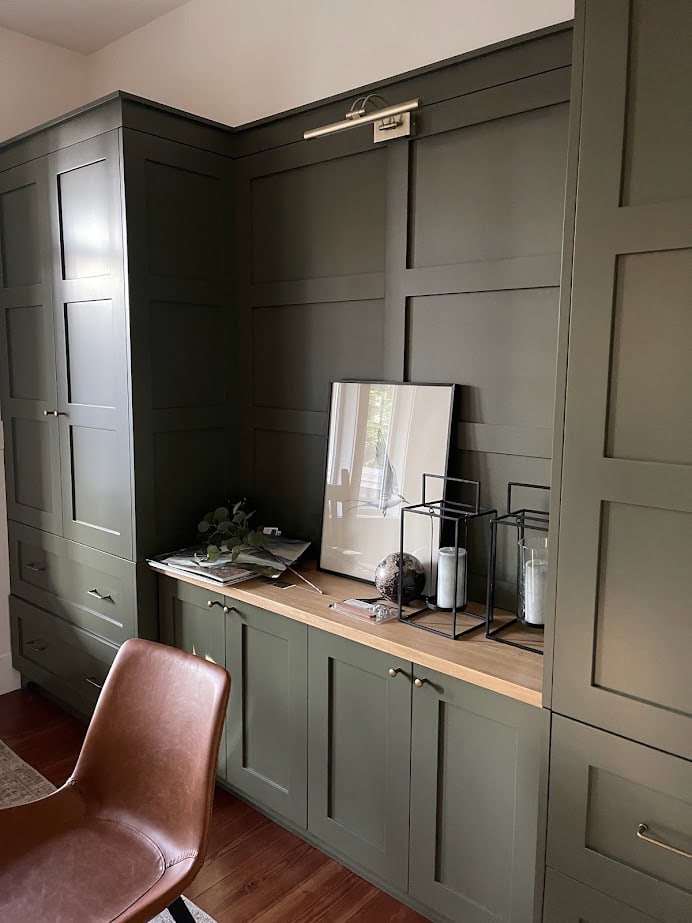 Home office builts ins with wood countertop, similar to Sherwin Williams Thunder Gray