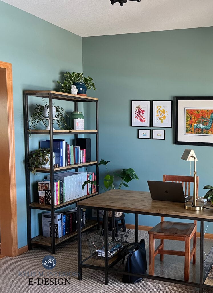 Home office painted Benjamin Moore Knoxville Gray with wood trim, beige carpet and a bookcase