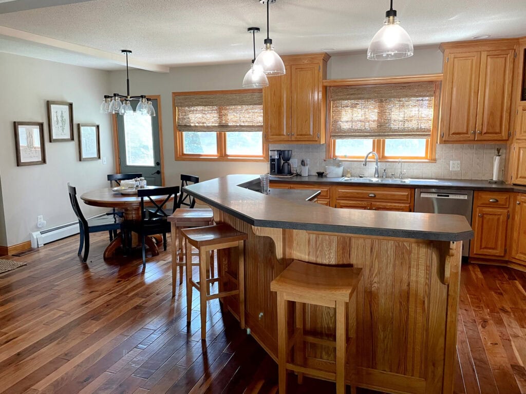 IDEAS TO UPDATE HONEY OAK CABINETS, WOOD FLOOR, LAMINATE COUNTERTOP, SHERWIN ACCESSIBLE BEIBE WALLS, ISLAND, WOOD TRIM. KYLIE M EDESIGN
