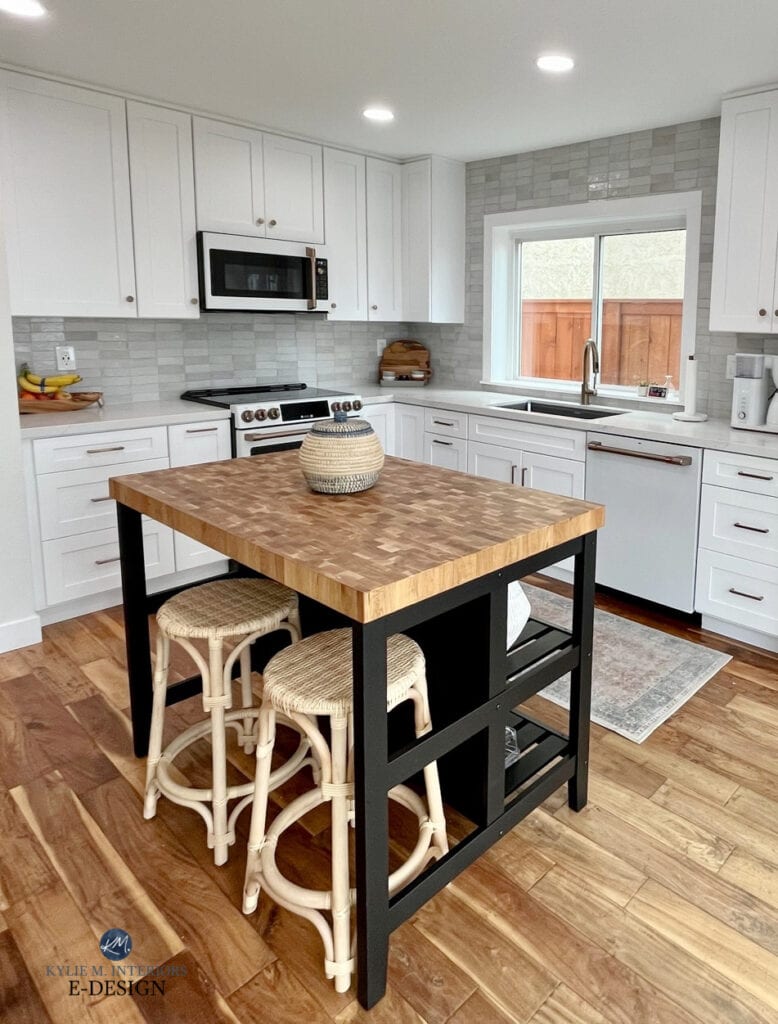 Ikea kitchen island, butcher block and black, MSI CALACATTA IZARO WHITE QUARTZ COUNTERTOP, GE CAFE WHITE FRIDGE, APPLIANCES, STOVE, DISHWAShER, ZELLIGE backsplash around window, Kylie M Interiors paint color expert