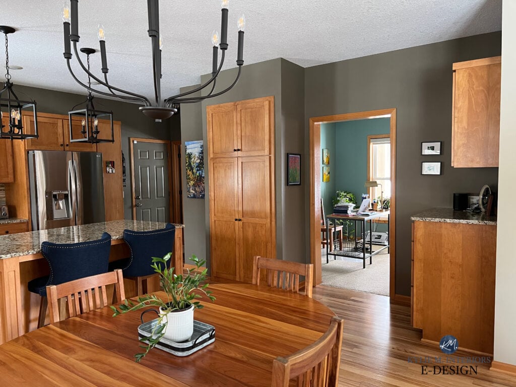 Kitchen walls Benjamin Moore Texas Leather, office Knoxville Gray blue green blend, orange stain wood cabinets, wood trim and floor, granite countertops.
