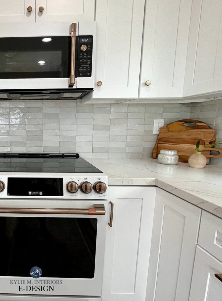 MSI CALACATTA IZARO, CLE ZELLIGE WEATHERED WHITE BACKSPLASH SUBWAY TILE, GE CAFE WHITE STOVE AND MICROWAVE, KYLIE M IMAGE
