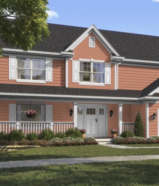Persimmon orange, terra cotta on exterior of home with white trim, Sherwin Williams