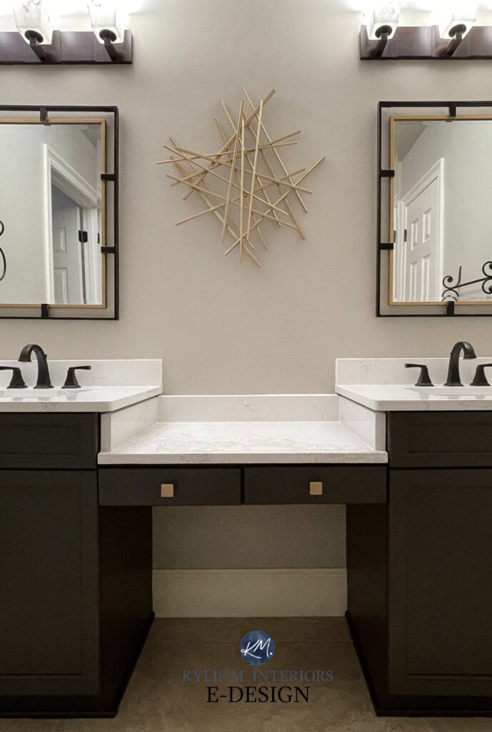 Revere Pewter, best warm gray paint color. STATUARIO MAXIMUS white quartz countertop, URBANE BRONZE,