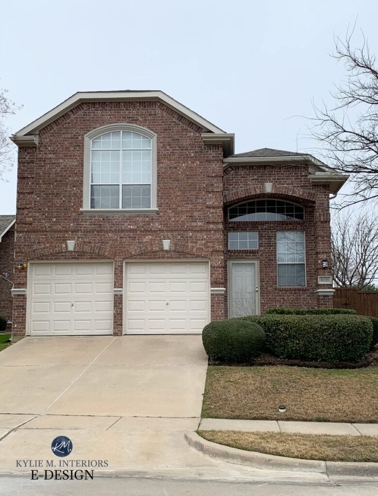 Sherwin Williams Accessible Beige on exterior trim, garage door with tan windows and red orange brick. Kylie M Online Paint Color Consulting