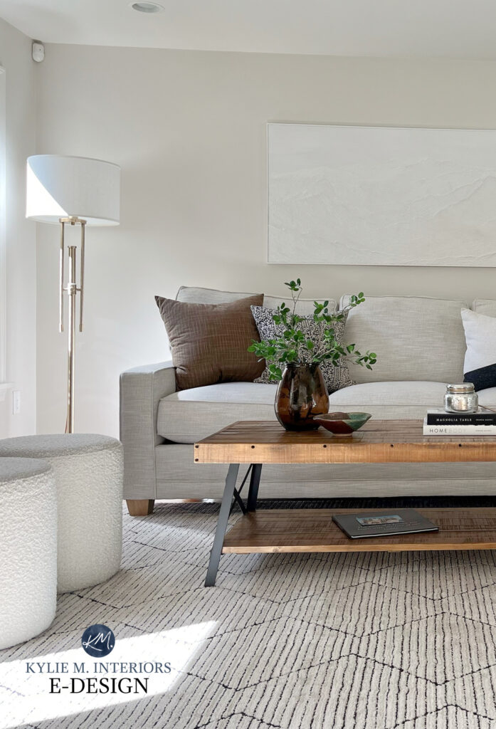 Sherwin Williams Egret White, coffee table decor, greige, neutral taupe paint color on family room walls. Kylie M INteriors online paint color expert (1)