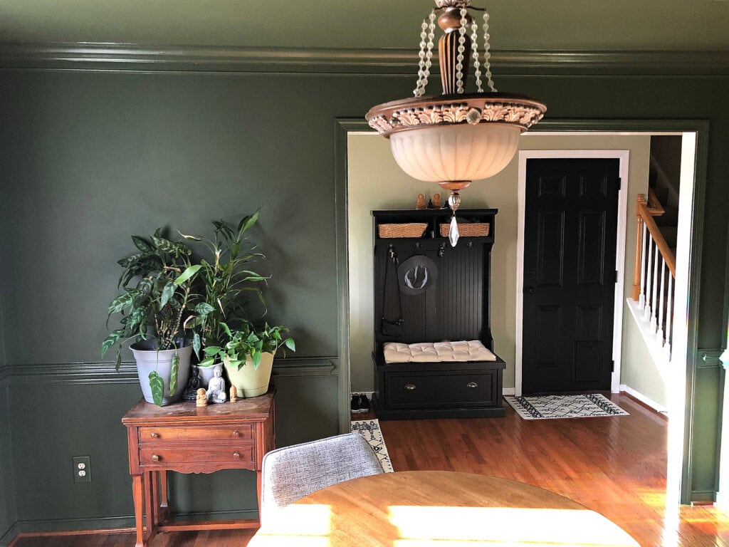 Benjamin Moore Backwoods, dark popular shade of green paint color with wood floor