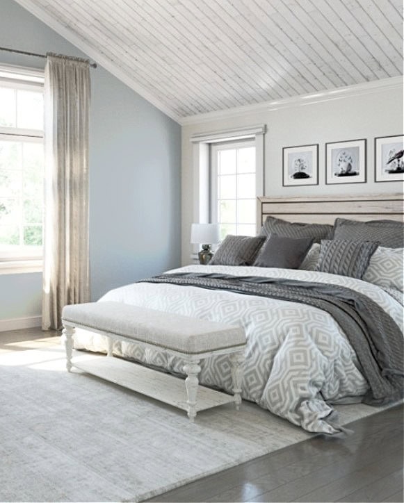 Sherwin Williams Upward accent wall in bedroom with shiplap ceiling. Best shade of blue paint color. SW Visualizer