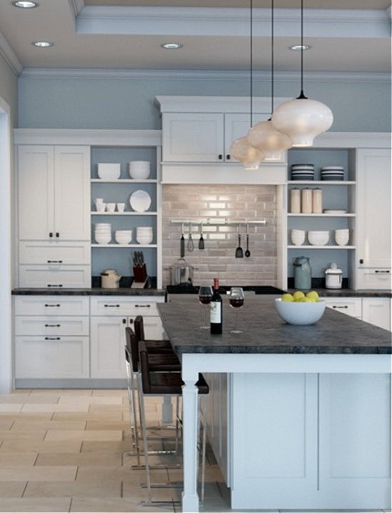 Sherwin Williams Upward, best blue paint color, white kitchen cabinets, black countertop, travertine beige tile floor. visualizer with Kylie M