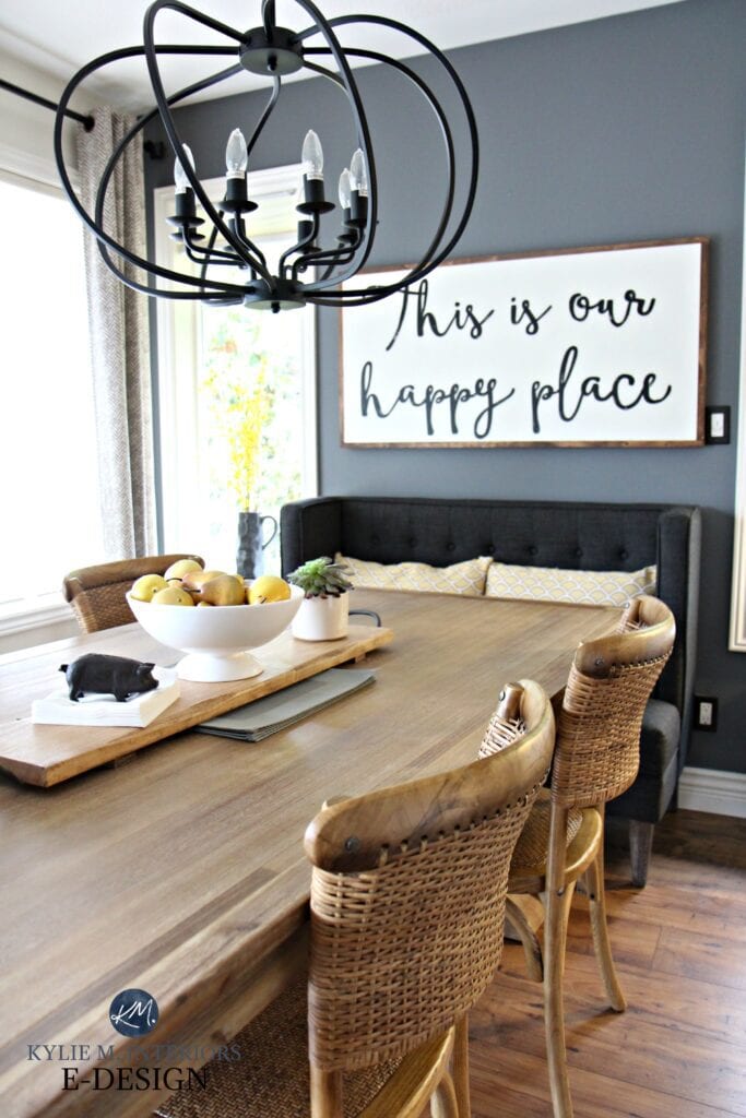large farmhouse wood sign, quote. Benjamin Moore Steel Wool. Wood dining room table. Kylie M E-design. Sign via Lavish Olive Studios