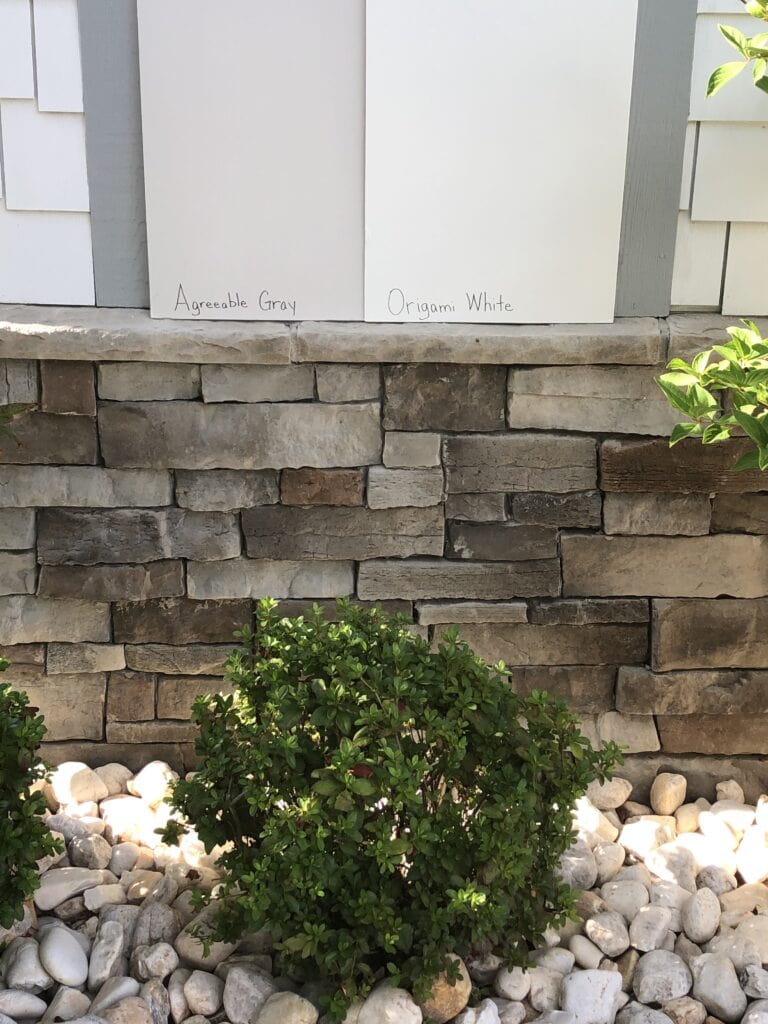 AGREEABLE GRAY, ORIGAMI WHITE, on exterior siding with stone accents. Kylie M Interiors Edesign