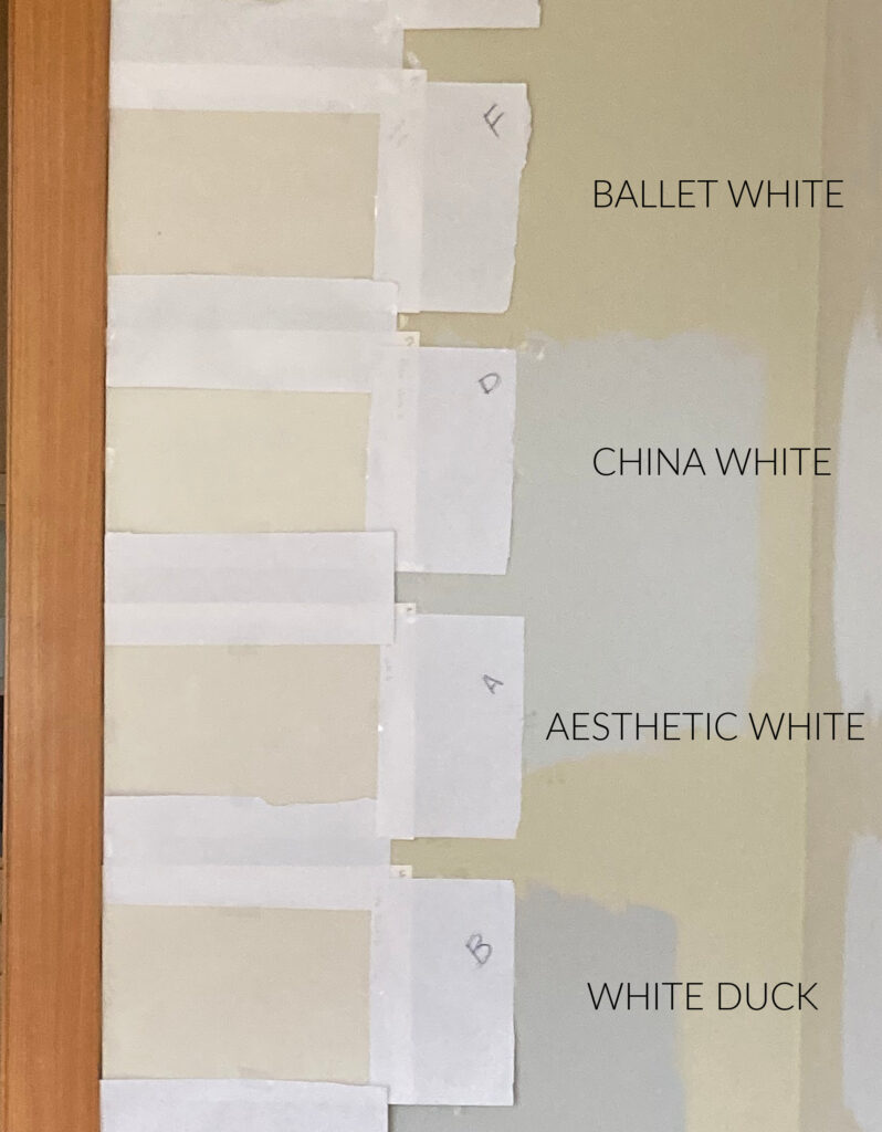 BALLET WHITE, CHINA WHITE, AESTHETIC WHITE, WHITE DUCK, comparing similar warm off white neutrals with wood fir trim. Kylie M Interiors
