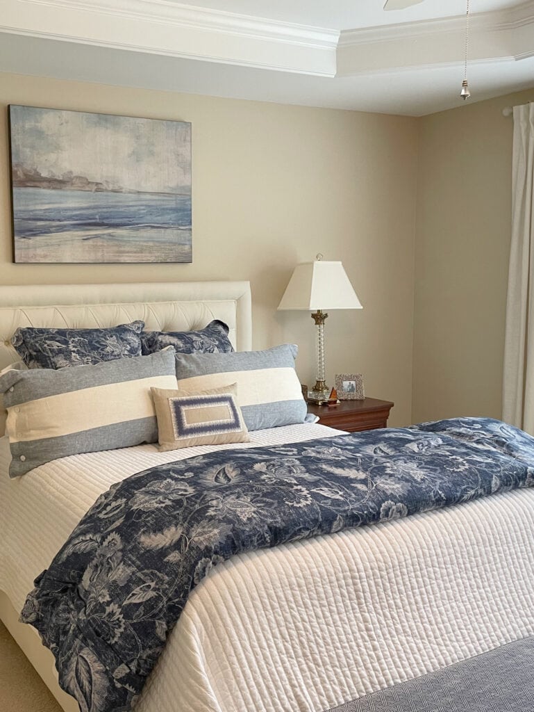 BENJAMIN MOORE MANCHESTER TAN IN BEDROOM, BEIGE CARPET, COASTAL BLUE, cream, BEIGE ACCENT COLORS AND DECOR, TRAY CEILING