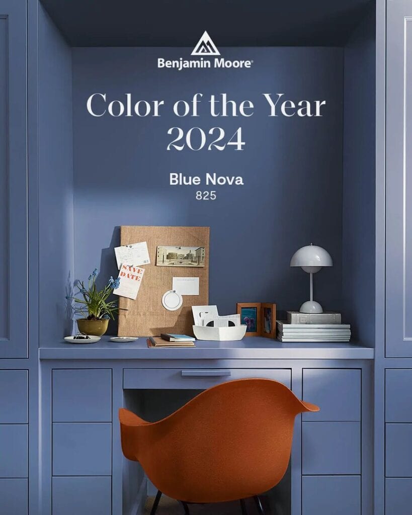 Benjamin Moore Color of the year 2024, blue nova, best shade of medium toned violet blue on cabinets