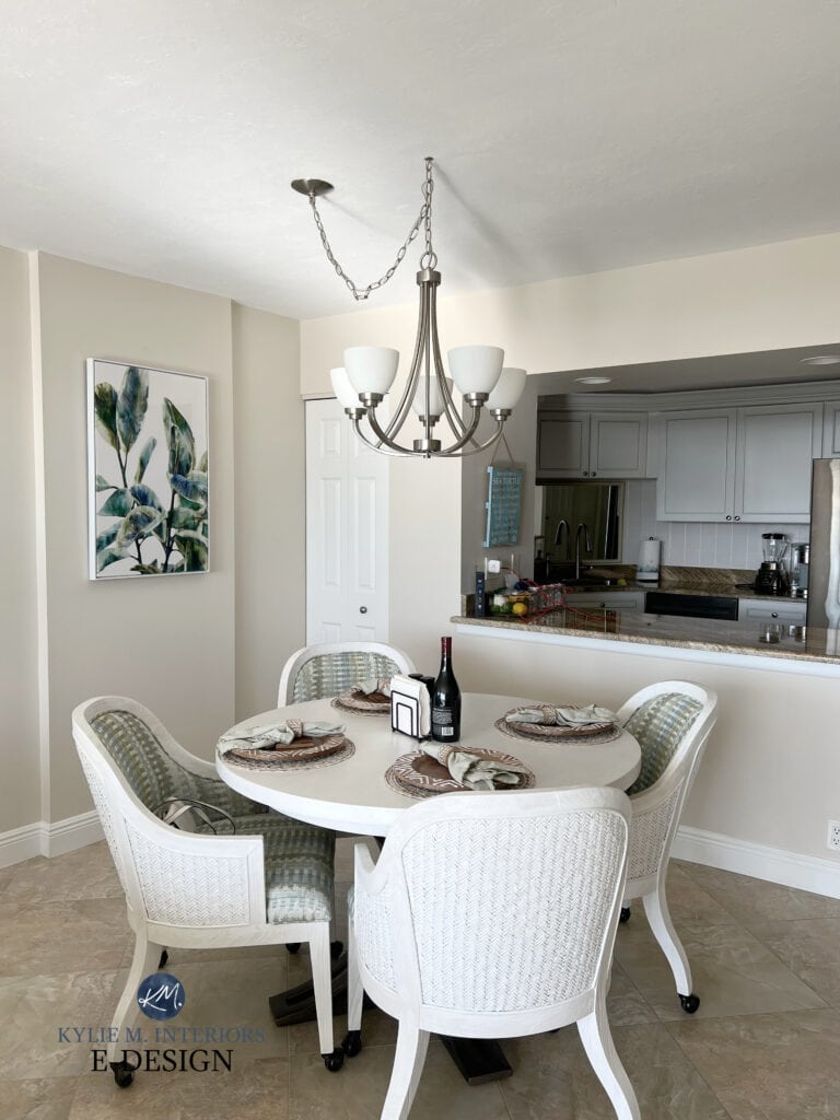 Benjamin Moore Maritime White in small dining area with pass through to kitchen, beige tile floor, best warm neutral off-white by Kylie M, color expert