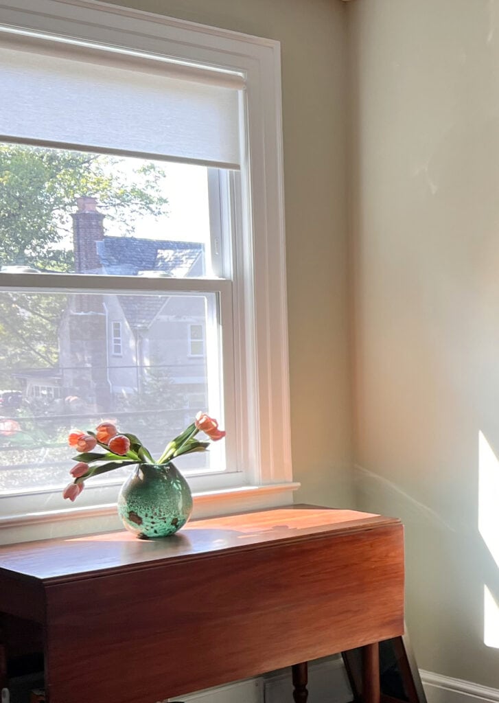 Benjamin Moore October Mist, best shade of green paint color on walls, Extra White trim, color of the year. Kylie M Online paint color expert advice