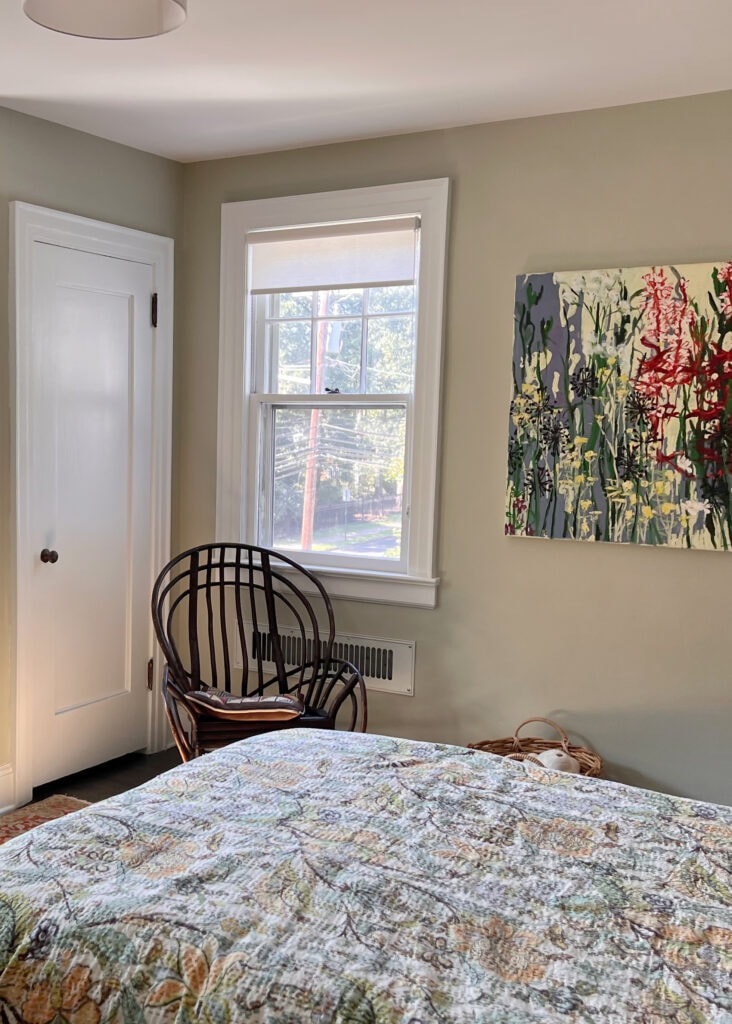 Benjamin Moore October Mist in guest bedroom, Extra White trim and door, best green paint color on walls. Kylie M Interiors, Edesign
